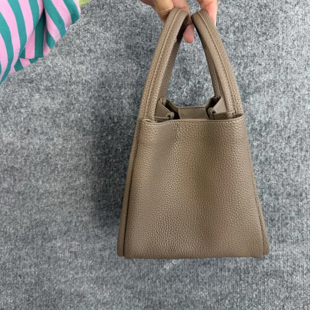 Songmont Mini Tote Bag in Taupe Pebbled Leather Top Handle Bucket Minimalist